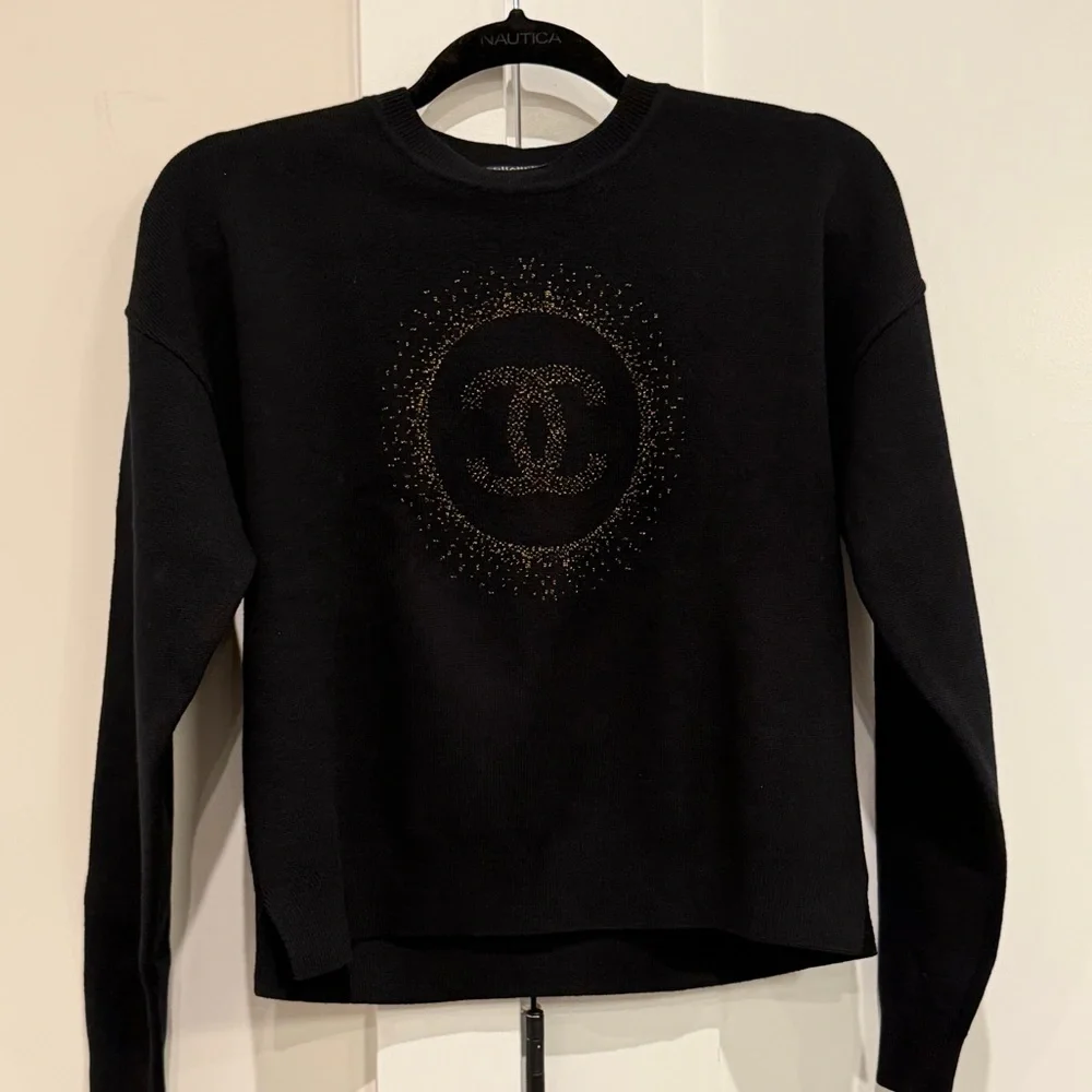 CHANEL Uniform Black Cotton Sweater W Gold Metallic CC Logo Size S designer NEW